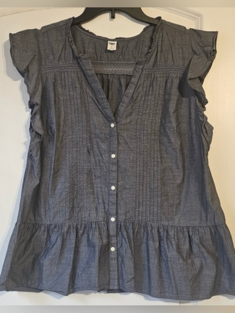 Old Navy Slate Blue Chambray Ruffle Button-Down Blouse(XL)